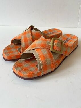 Camper Atonik Orange Plaid Cross-Band Slide Sandals size 9